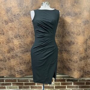 Calvin Klein Sheath Black Dress Size 0 Ruched Waist Sleeveless Lined